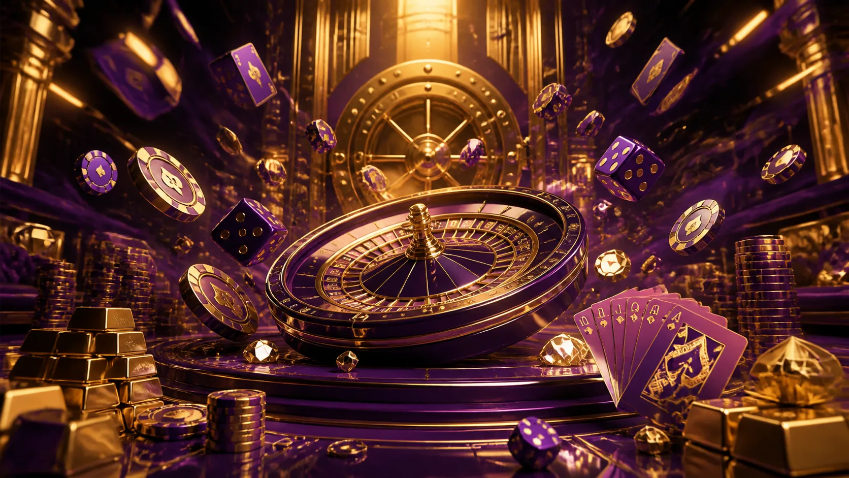 Glossy 3D isometric render of floating poker chips, playing cards, and a roulette wheel with realistic textures and reflectio