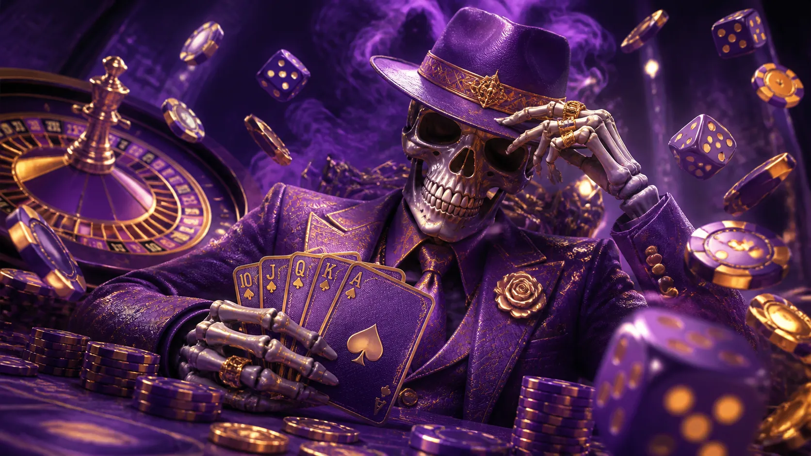 Elegant casino-themed hero banner for Gangbob featuring vibrant elements such as glowing poker chips, detailed roulette wheel